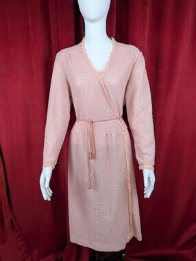 True Vintage 60's Kay Windsor Dusty Rose Pink Popcorn Knit Crochet Lace Dress